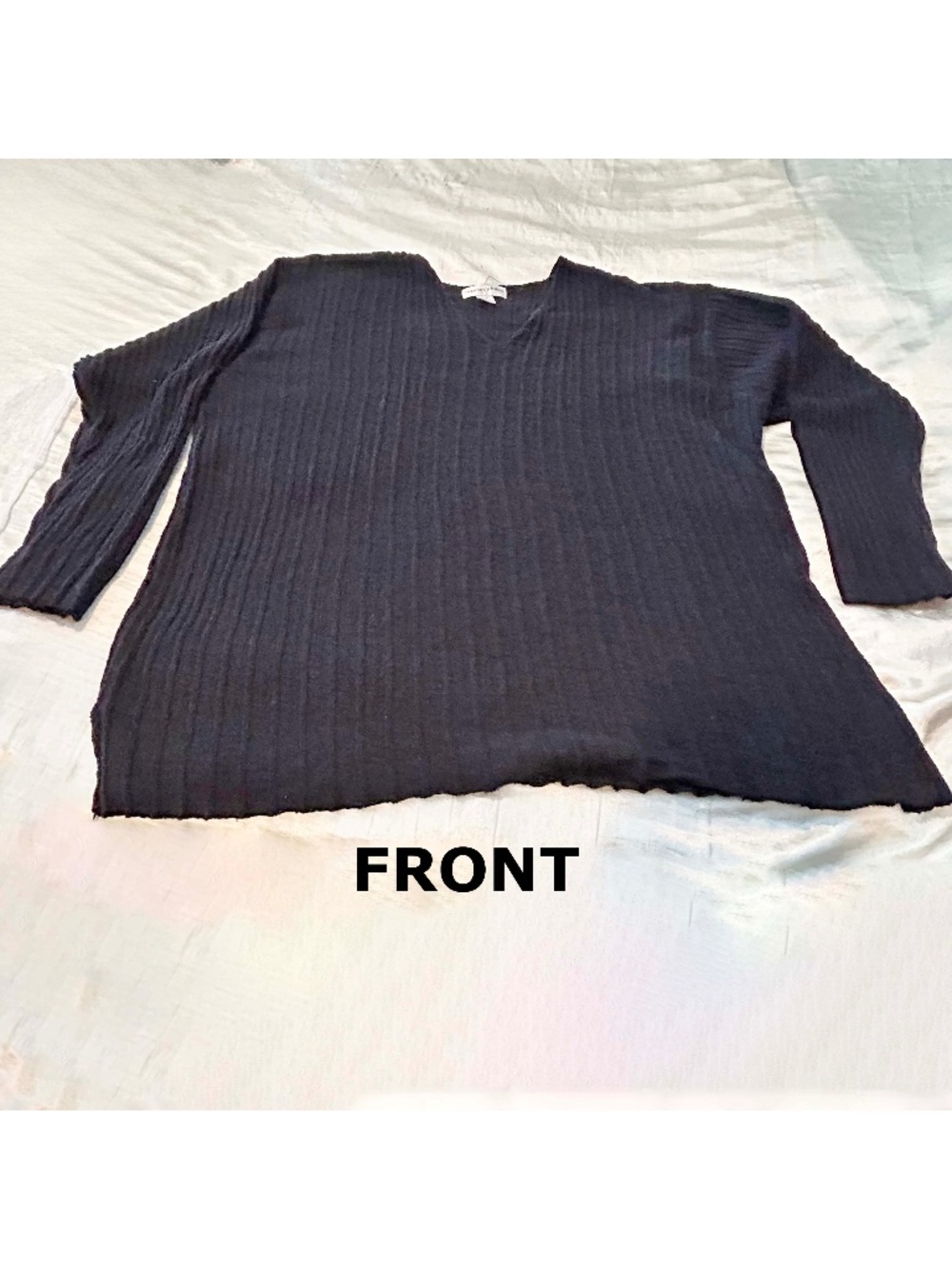 PULLOVER SWEATER, 100% SILK, BLACK, SIZE 3X, VEE NECK, VERTICAL BLACK-ON-BLACK